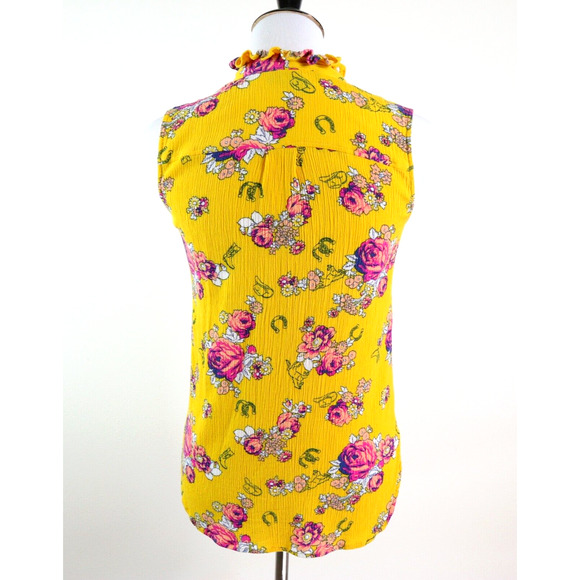 ModCloth Size S Like the Wind Tie-Neck Blouse Mustard Yellow Floral - Picture 4 of 10